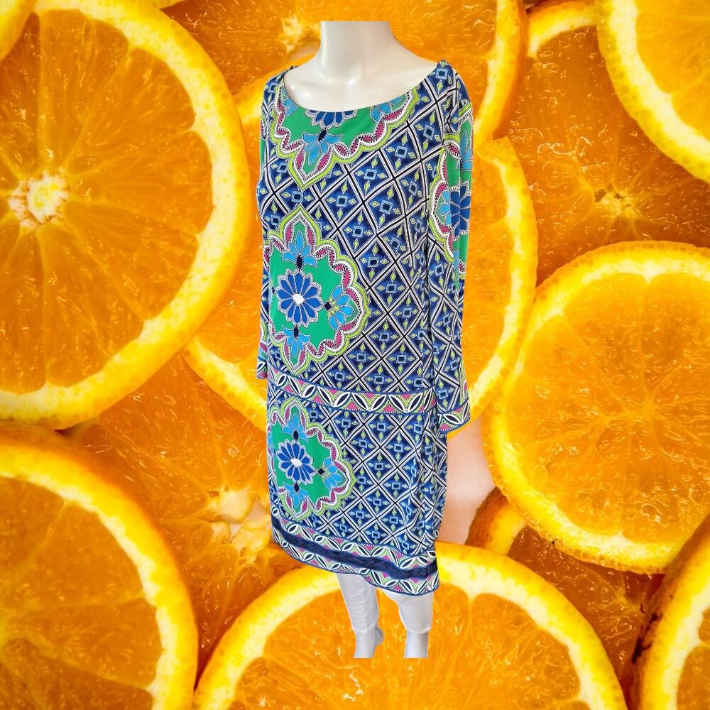 Laundry by Shelli Segal Long Sleeve‎ V Neck Blue Design Midi Dress Size Small